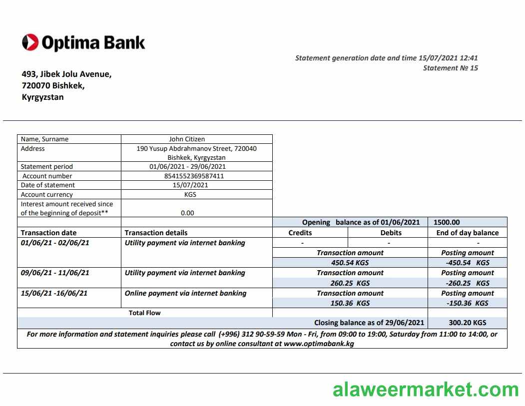 Kyrgyzstan Optima Bank statement